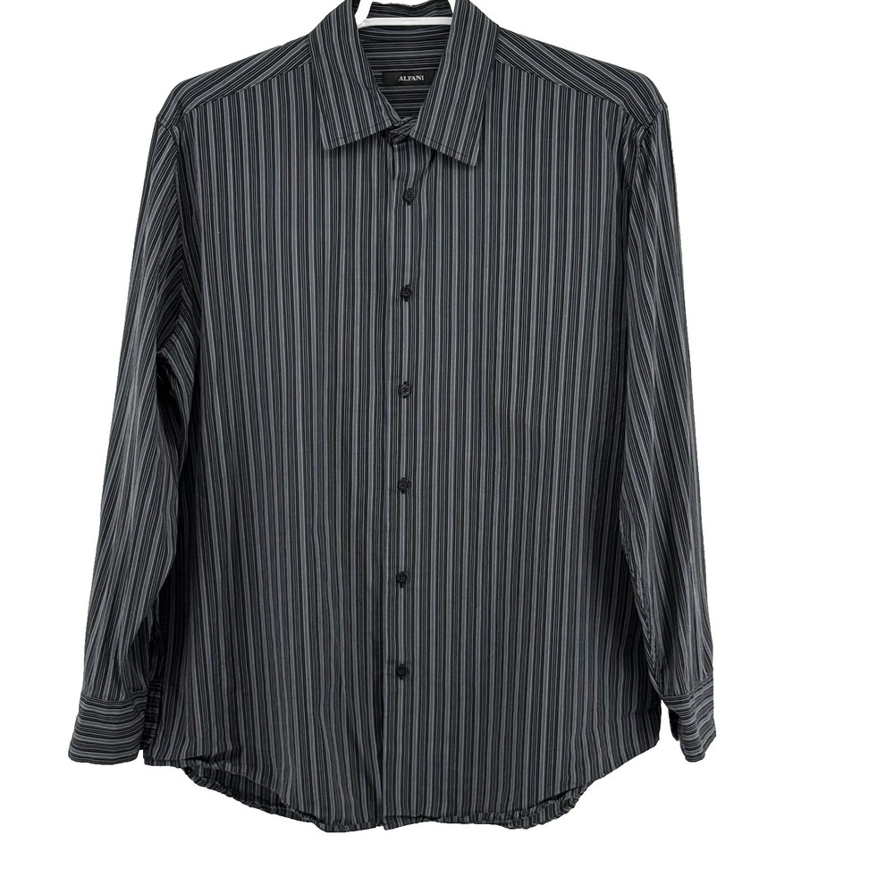 Alfani Men's XL Shirt Black Gray Striped Button Up Long Sleeve Cotton Career